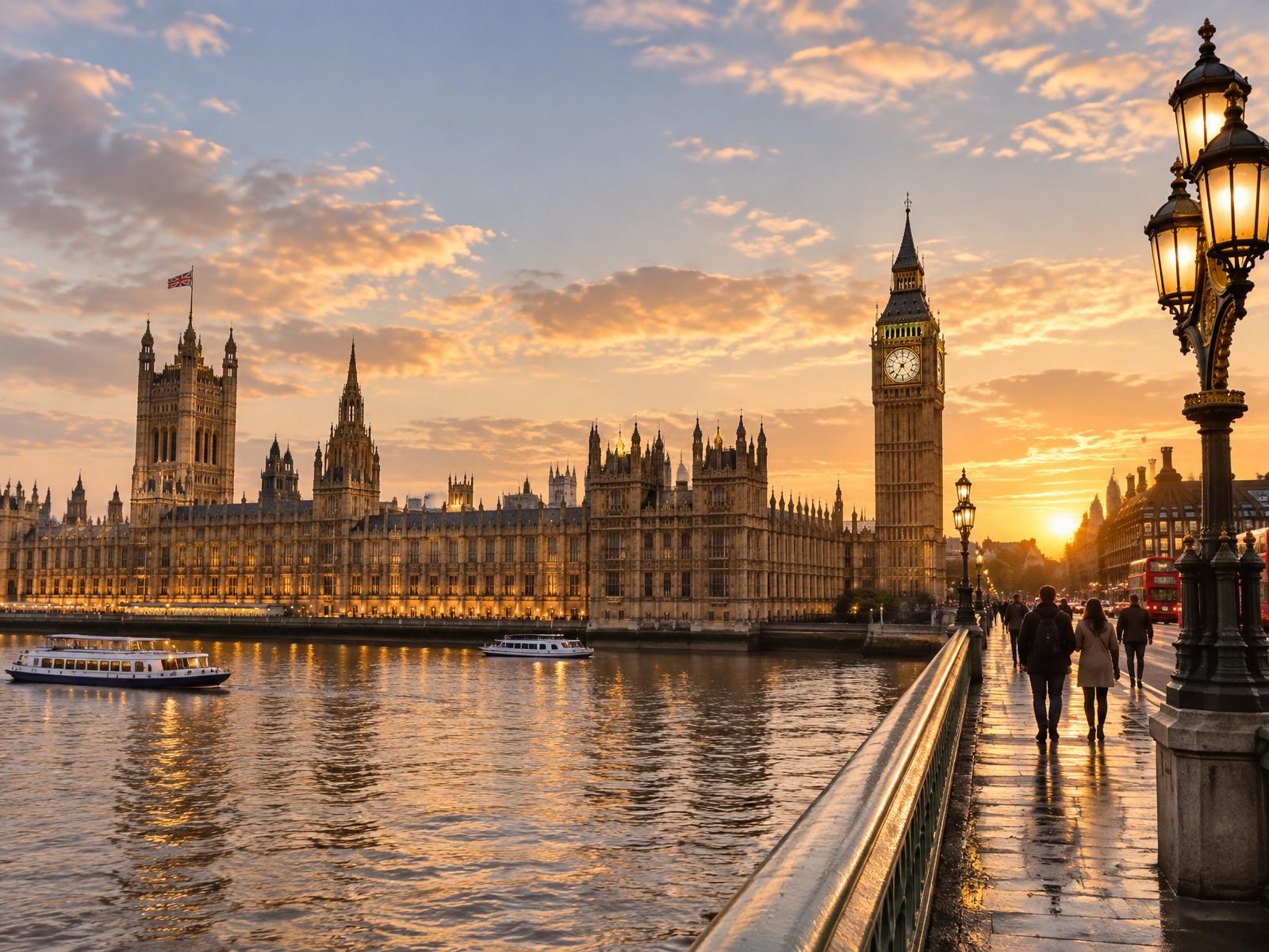 Big Ben and the Houses of Parliament glowing beside the Thames at sunset